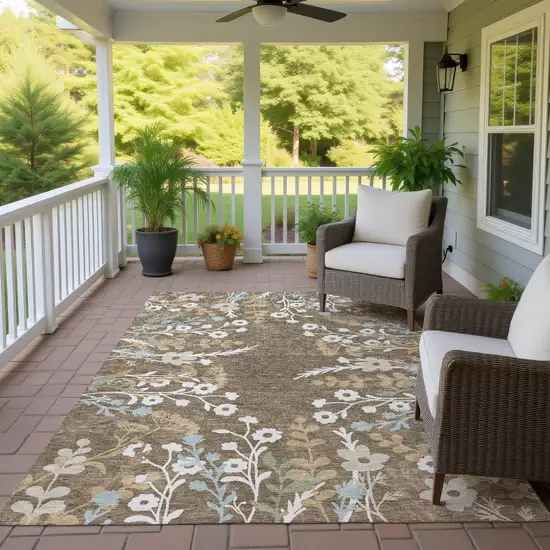 Chocolate Ivory And Blue Floral Washable Indoor Outdoor Area Rug Photo 9