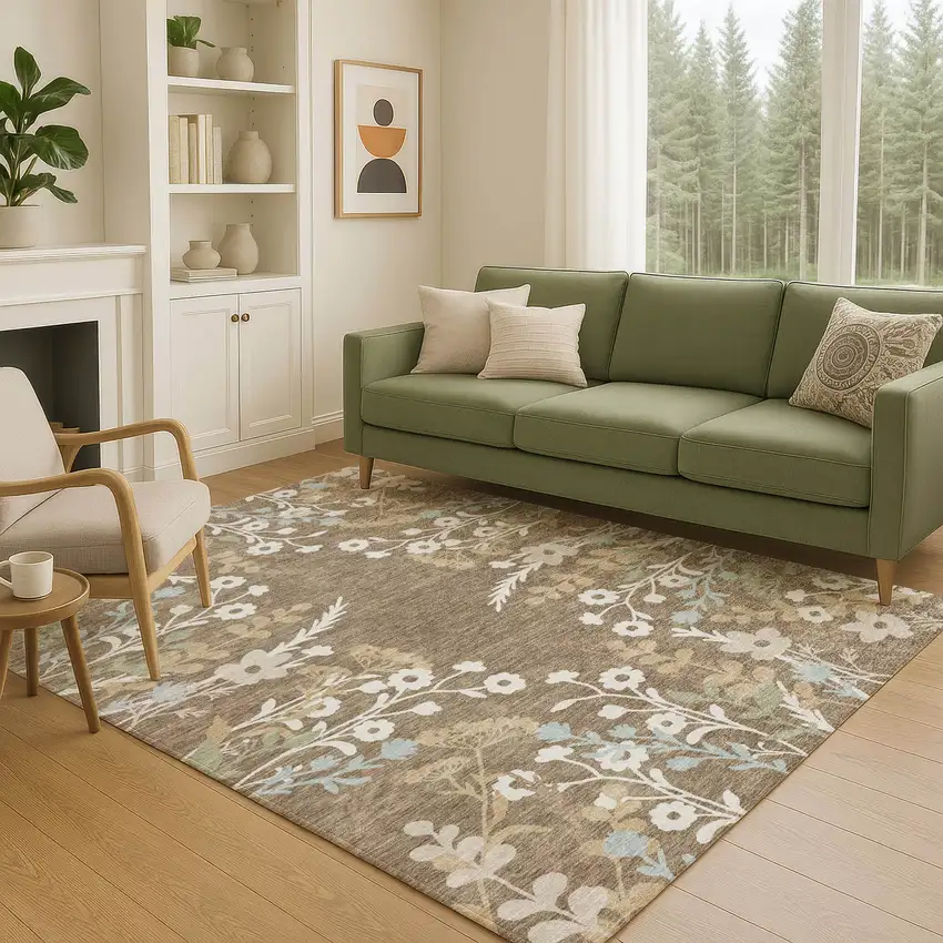 Chocolate Ivory And Blue Floral Washable Indoor Outdoor Area Rug Photo 8