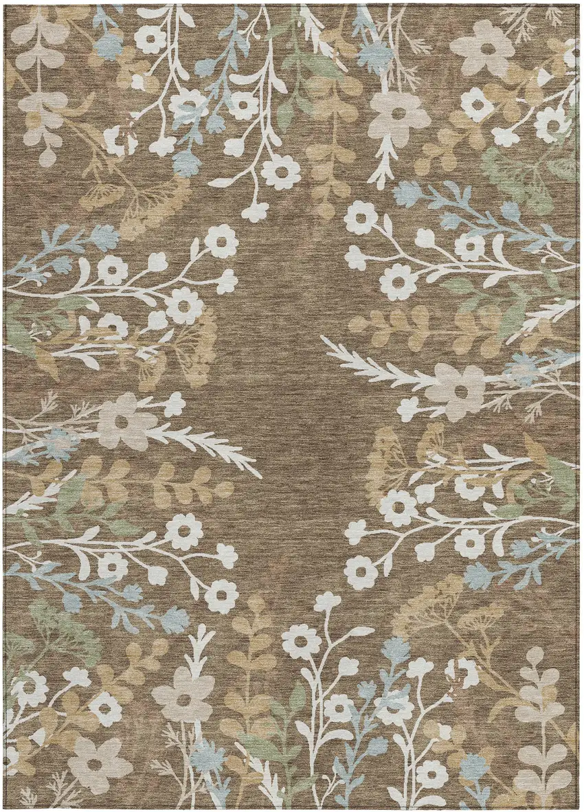 Chocolate Ivory And Blue Floral Washable Indoor Outdoor Area Rug Photo 5