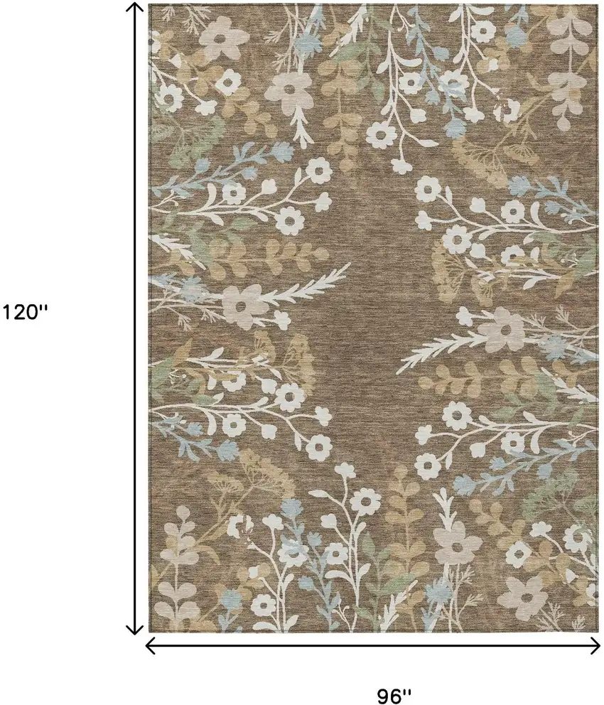 Chocolate Ivory And Blue Floral Washable Indoor Outdoor Area Rug Photo 3