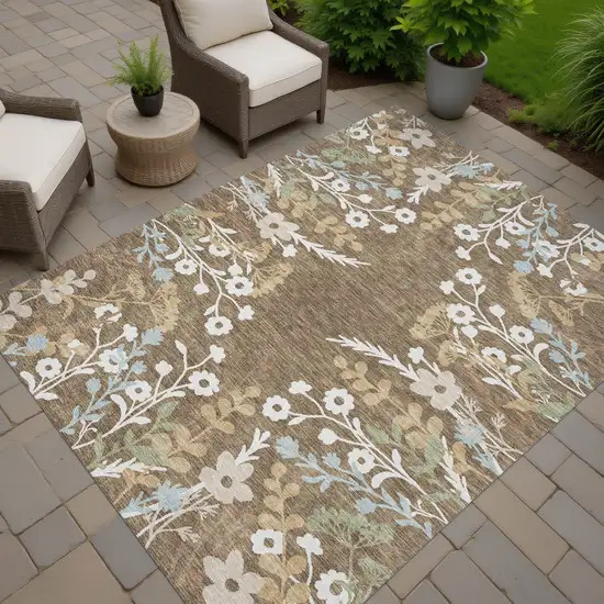 Chocolate Ivory And Blue Floral Washable Indoor Outdoor Area Rug Photo 7