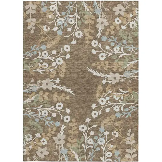 Chocolate Ivory And Blue Floral Washable Indoor Outdoor Area Rug Photo 4
