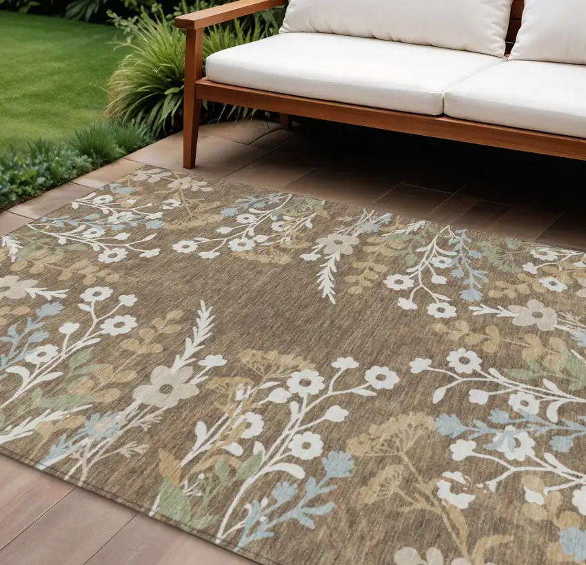 Chocolate Ivory And Blue Floral Washable Indoor Outdoor Area Rug Photo 1