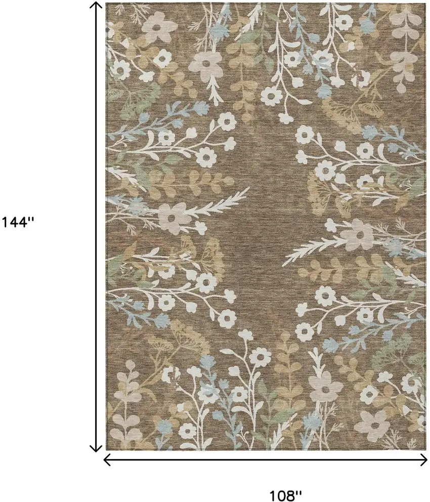 Chocolate Ivory And Blue Floral Washable Indoor Outdoor Area Rug Photo 3