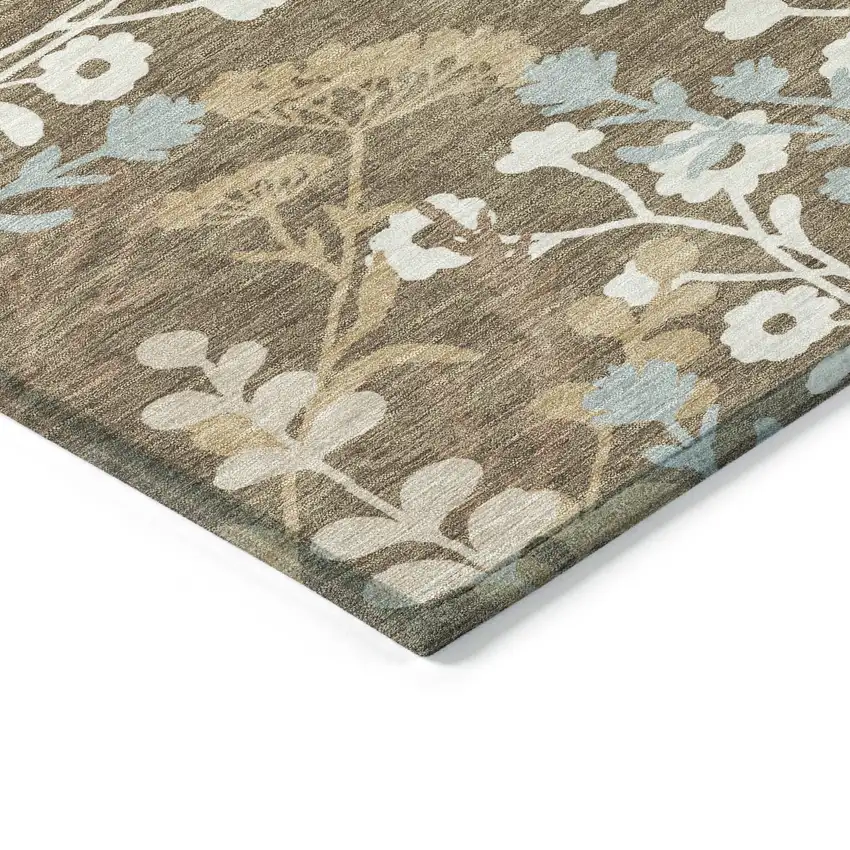 Chocolate Ivory And Blue Floral Washable Indoor Outdoor Area Rug Photo 6
