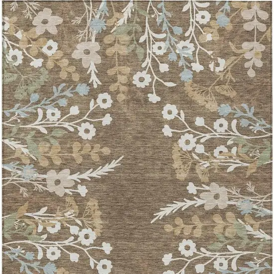 Chocolate Ivory And Blue Floral Washable Indoor Outdoor Area Rug Photo 4