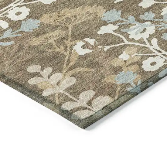 Chocolate Ivory And Blue Floral Washable Indoor Outdoor Area Rug Photo 6