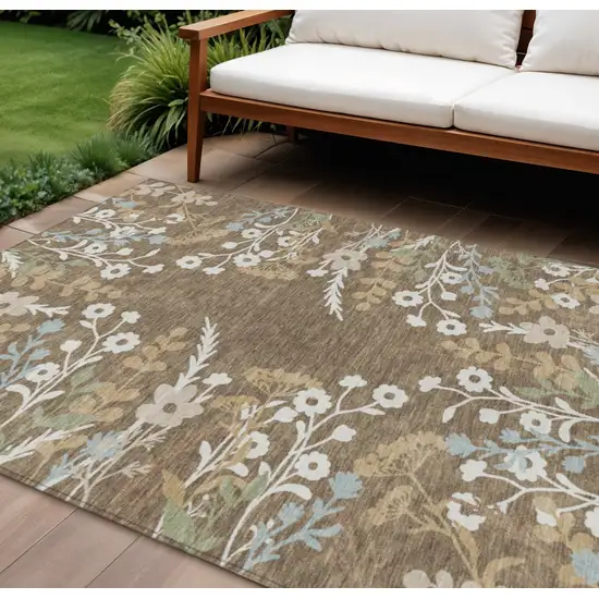 Chocolate Ivory And Blue Floral Washable Indoor Outdoor Area Rug Photo 1