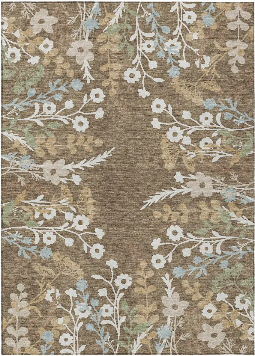Chocolate Ivory And Blue Floral Washable Indoor Outdoor Area Rug Photo 2