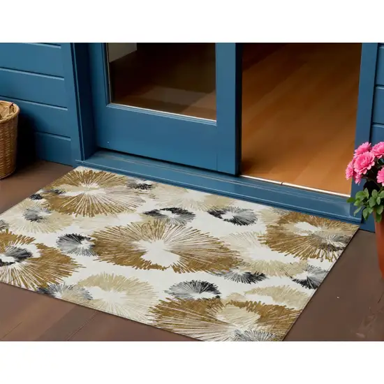 Chocolate Ivory And Charcoal Floral Washable Indoor Outdoor Area Rug Photo 2