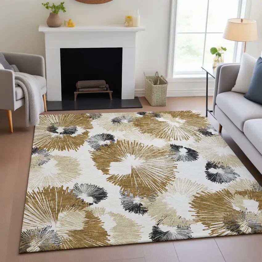 Chocolate Ivory And Charcoal Floral Washable Indoor Outdoor Area Rug Photo 9