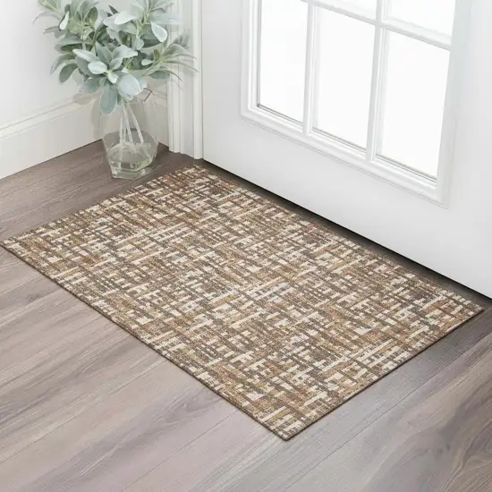 Chocolate Ivory And Copper Abstract Geometric Washable Area Rug With UV Protection Photo 2