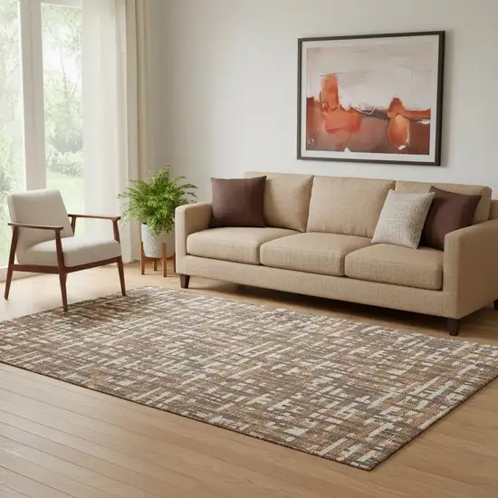 Chocolate Ivory And Copper Abstract Geometric Washable Area Rug With UV Protection Photo 2