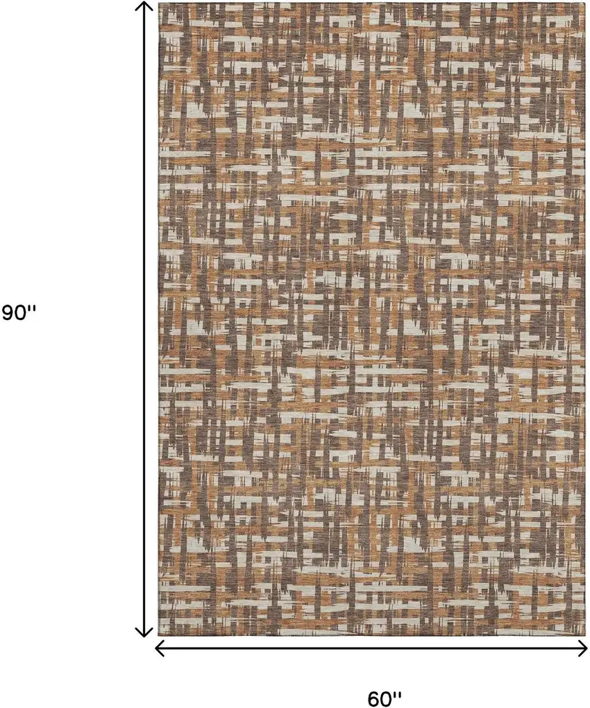 Chocolate Ivory And Copper Abstract Geometric Washable Area Rug With UV Protection Photo 9