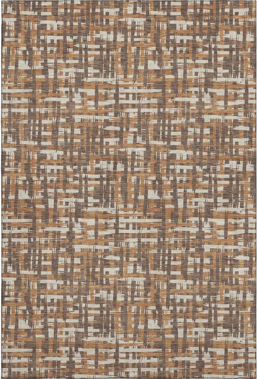 Chocolate Ivory And Copper Abstract Geometric Washable Area Rug With UV Protection Photo 1