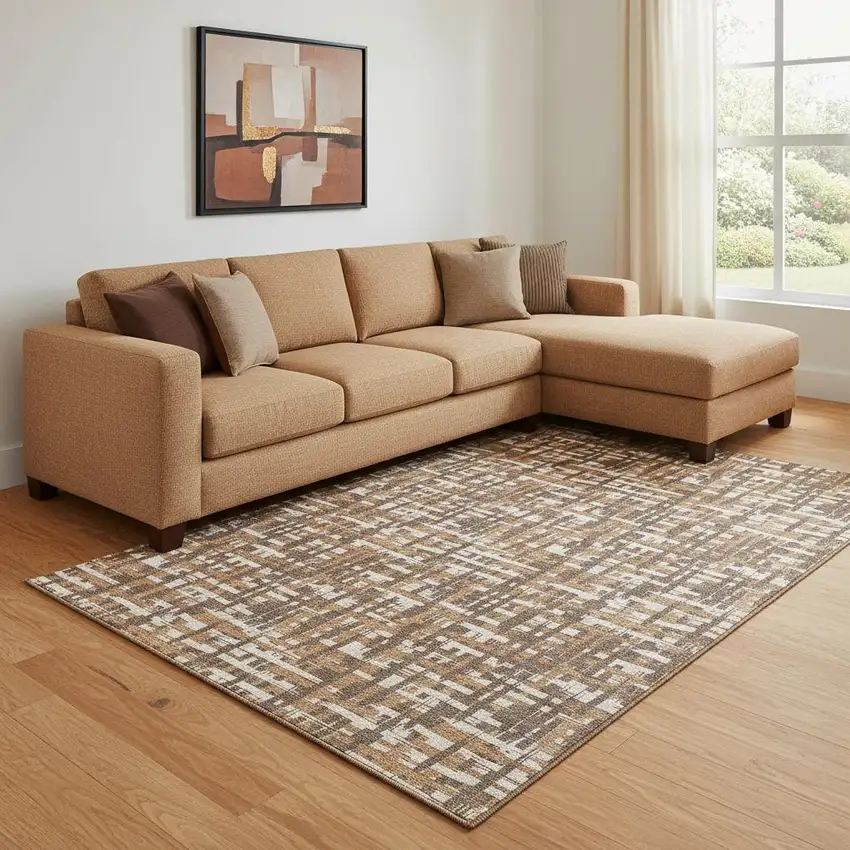 Chocolate Ivory And Copper Abstract Geometric Washable Area Rug With UV Protection Photo 2