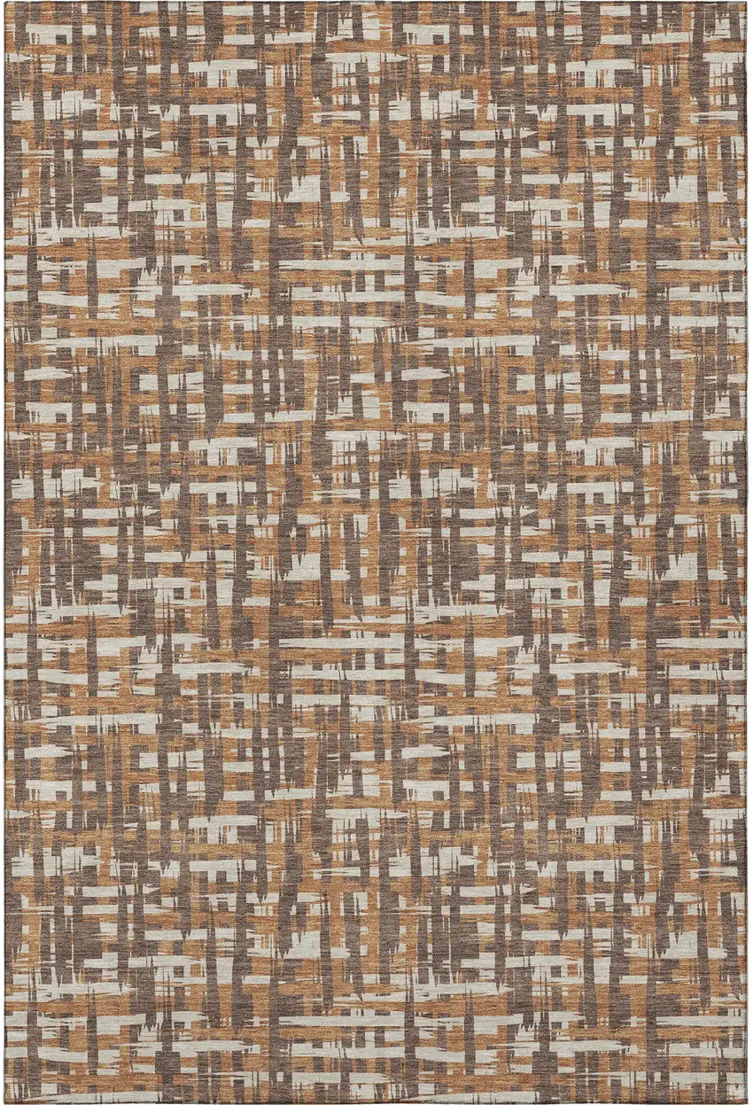 Chocolate Ivory And Copper Abstract Geometric Washable Area Rug With UV Protection Photo 3