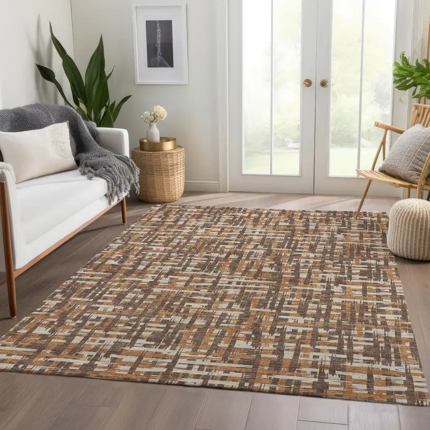 Chocolate Ivory And Copper Abstract Geometric Washable Area Rug With UV Protection Photo 5
