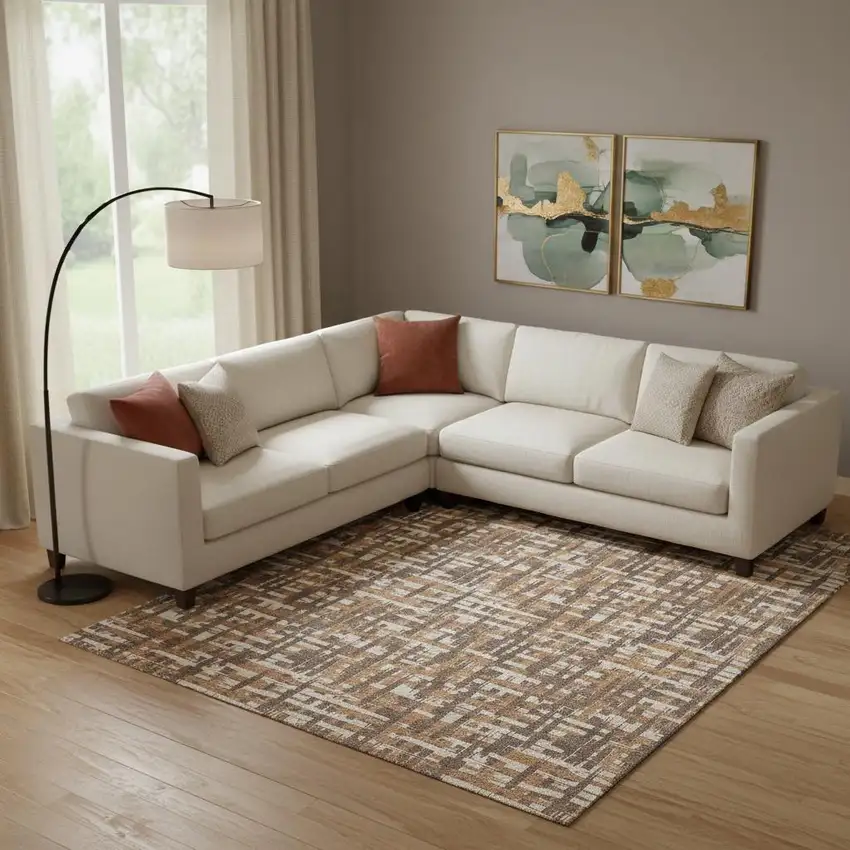 Chocolate Ivory And Copper Abstract Geometric Washable Area Rug With UV Protection Photo 2