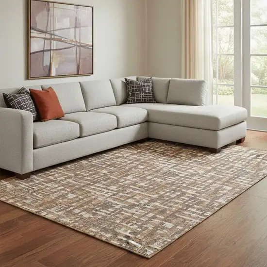 Chocolate Ivory And Copper Abstract Geometric Washable Area Rug With UV Protection Photo 2