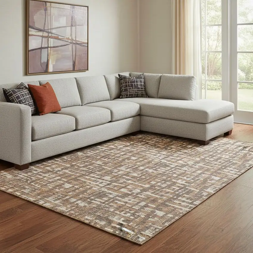 Chocolate Ivory And Copper Abstract Geometric Washable Area Rug With UV Protection Photo 2