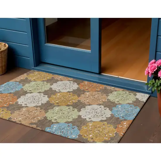 Chocolate Ivory And Copper Quatrefoil Washable Indoor Outdoor Area Rug Photo 1