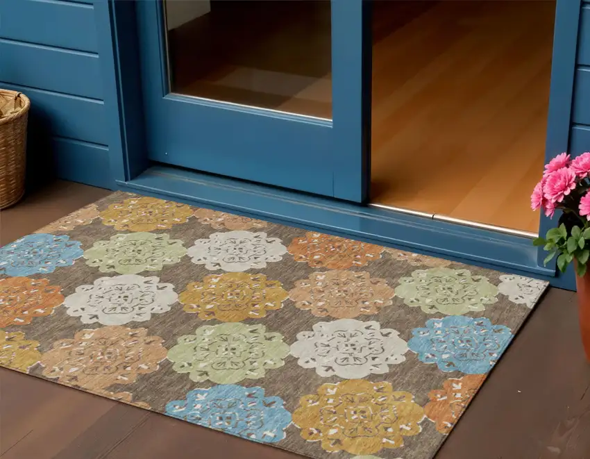 Chocolate Ivory And Copper Quatrefoil Washable Indoor Outdoor Area Rug Photo 1