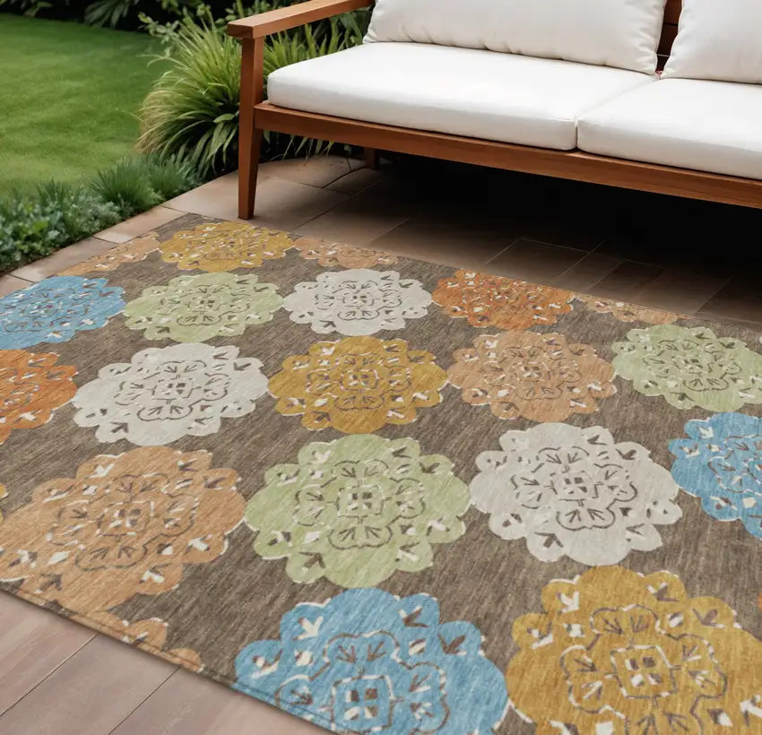 Chocolate Ivory And Copper Quatrefoil Washable Indoor Outdoor Area Rug Photo 1