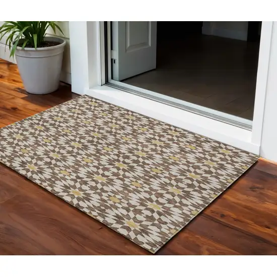 Chocolate Ivory And Gold Floral Medallion Washable Indoor Outdoor Area Rug Photo 1