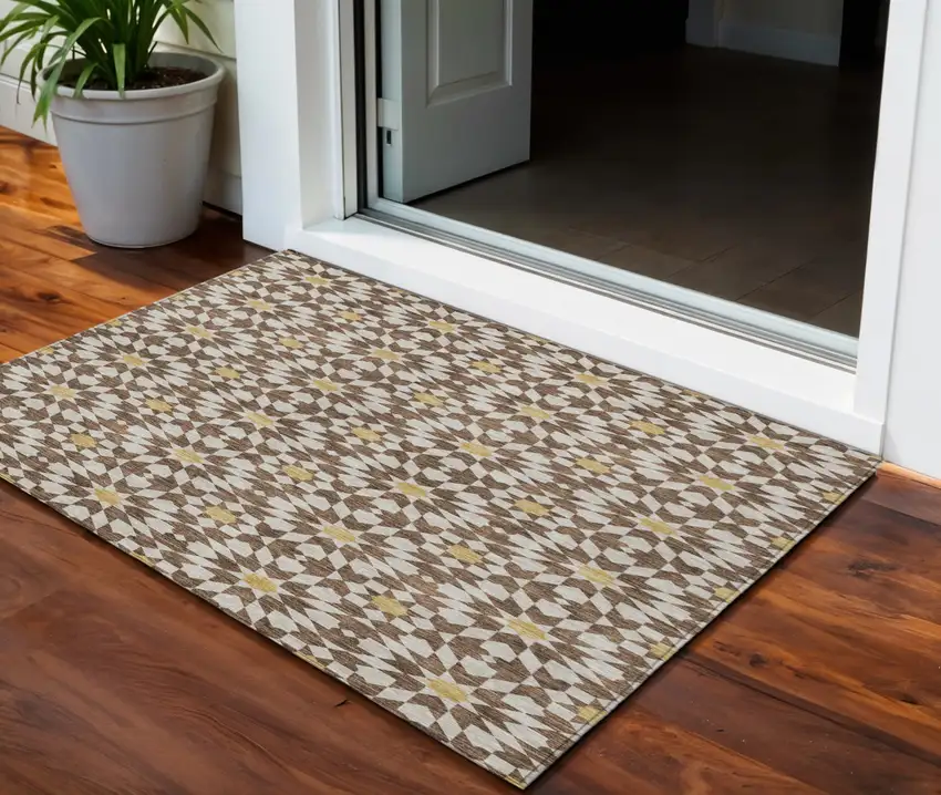 Chocolate Ivory And Gold Floral Medallion Washable Indoor Outdoor Area Rug Photo 1
