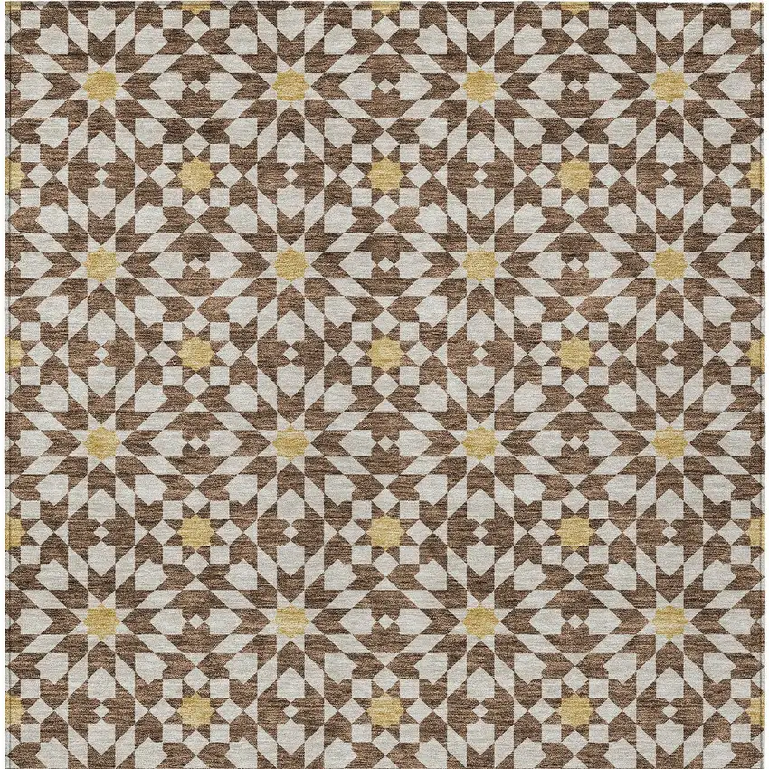 Chocolate Ivory And Gold Floral Medallion Washable Indoor Outdoor Area Rug Photo 6