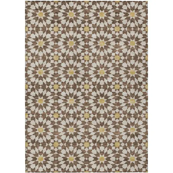 Chocolate Ivory And Gold Floral Medallion Washable Indoor Outdoor Area Rug Photo 1