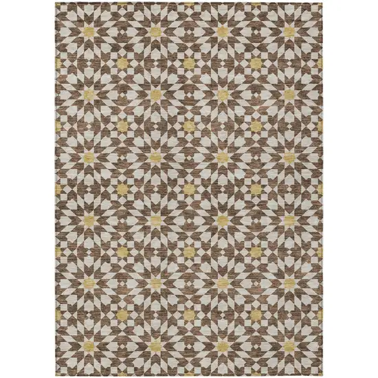 Chocolate Ivory And Gold Floral Medallion Washable Indoor Outdoor Area Rug Photo 1
