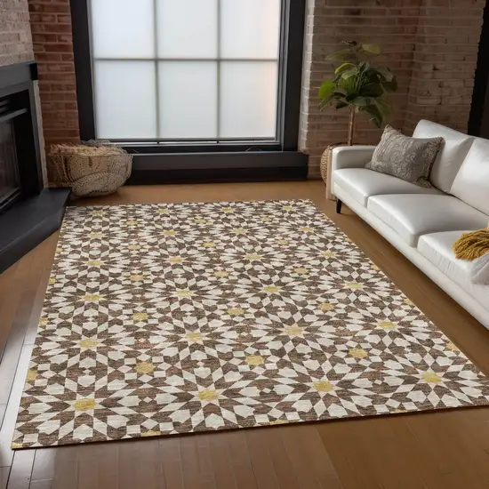 Chocolate Ivory And Gold Floral Medallion Washable Indoor Outdoor Area Rug Photo 9