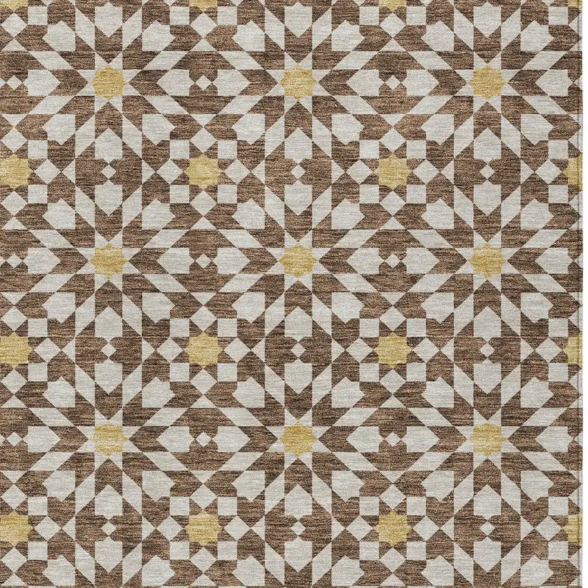 Chocolate Ivory And Gold Floral Medallion Washable Indoor Outdoor Area Rug Photo 6