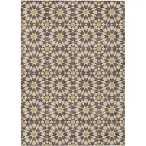 Photo of Chocolate Ivory And Gold Floral Medallion Washable Indoor Outdoor Area Rug