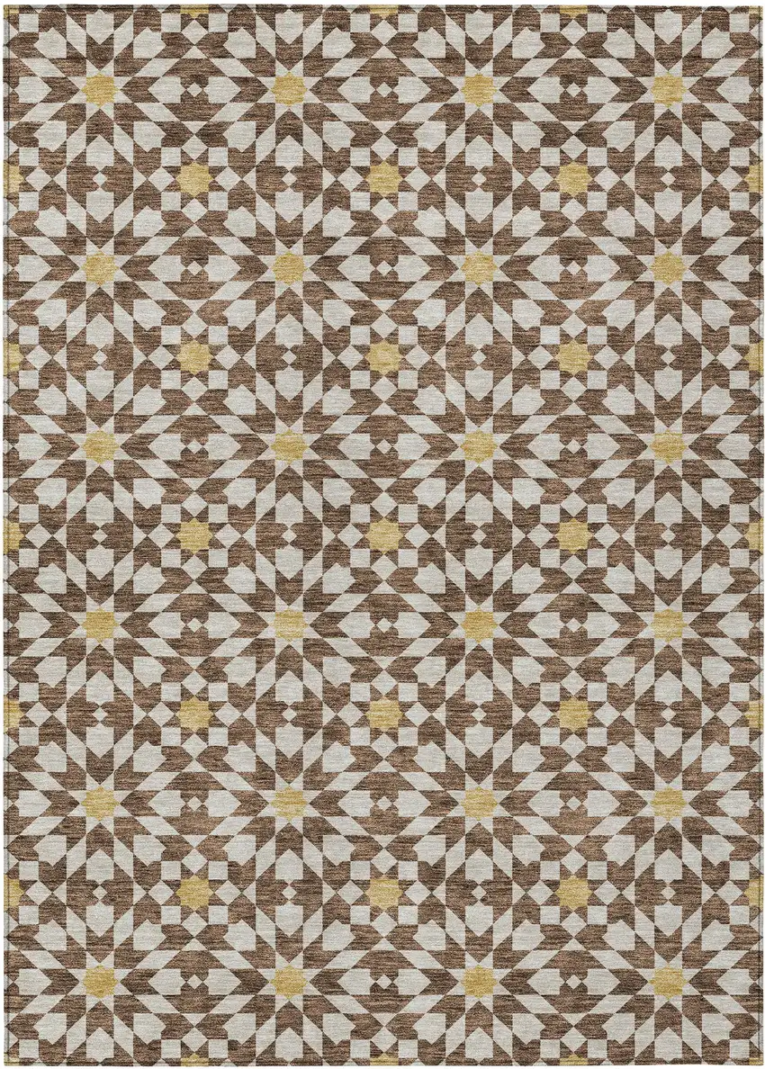 Chocolate Ivory And Gold Floral Medallion Washable Indoor Outdoor Area Rug Photo 1