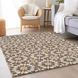 Photo of Chocolate Ivory And Gold Floral Medallion Washable Indoor Outdoor Area Rug