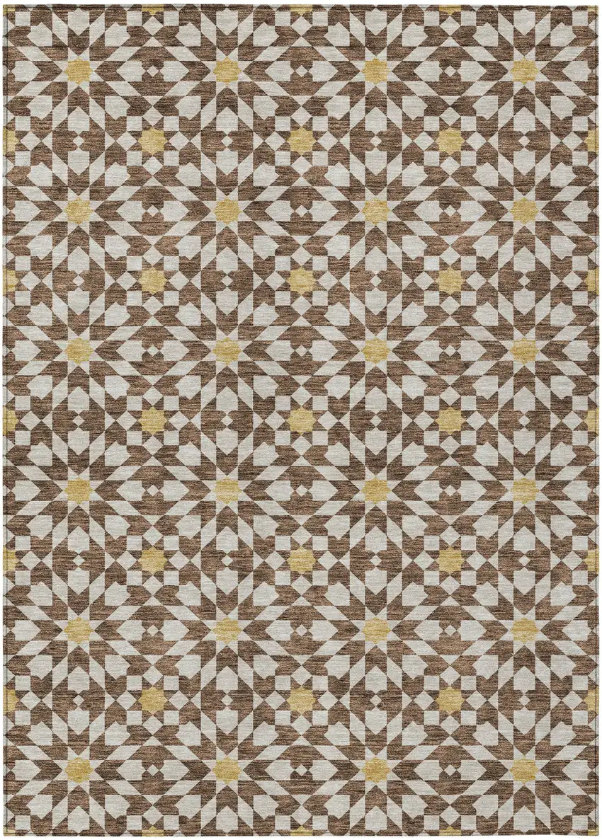 Chocolate Ivory And Gold Floral Medallion Washable Indoor Outdoor Area Rug Photo 2