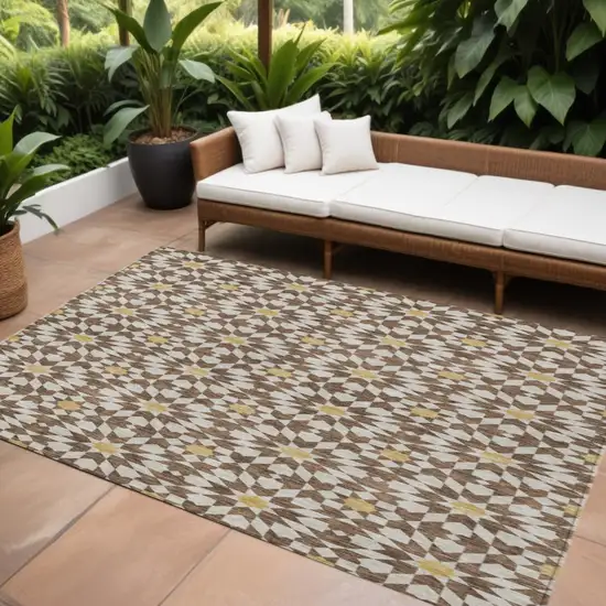 Chocolate Ivory And Gold Floral Medallion Washable Indoor Outdoor Area Rug Photo 1