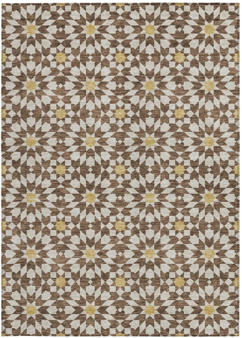 Chocolate Ivory And Gold Floral Medallion Washable Indoor Outdoor Area Rug Photo 5