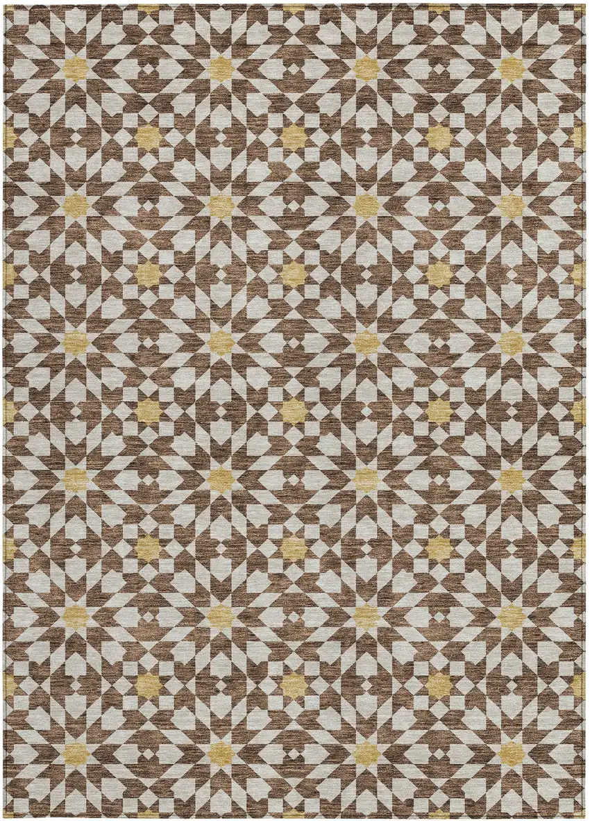Chocolate Ivory And Gold Floral Medallion Washable Indoor Outdoor Area Rug Photo 5