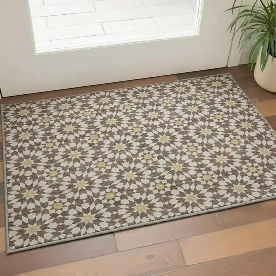 Chocolate Ivory And Gold Geometric Washable Area Rug With UV Protection Photo 2