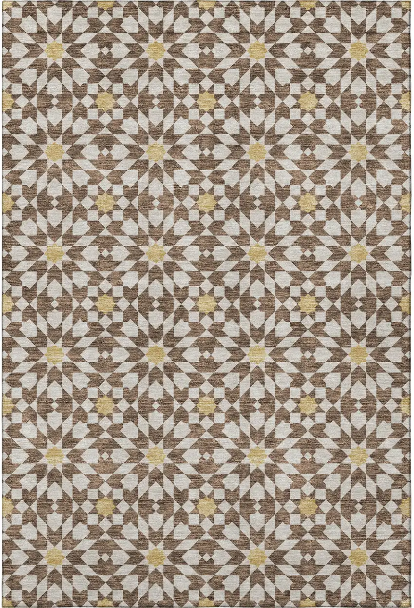 Chocolate Ivory And Gold Geometric Washable Area Rug With UV Protection Photo 4
