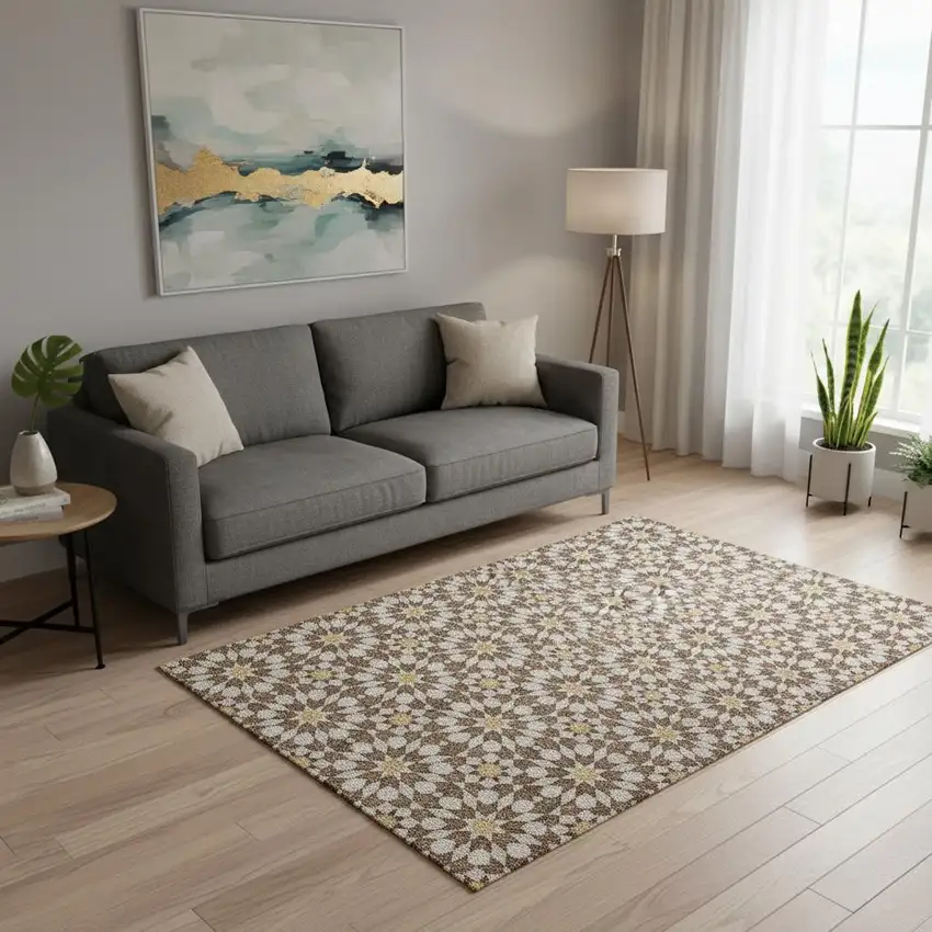 Chocolate Ivory And Gold Geometric Washable Area Rug With UV Protection Photo 2