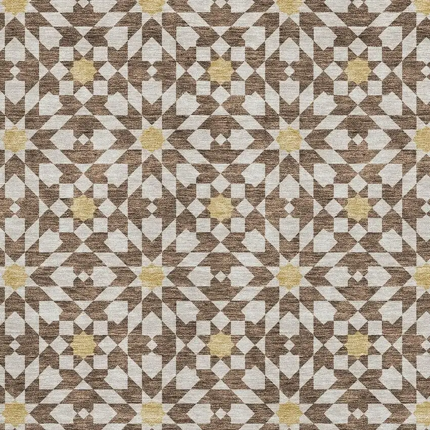 Chocolate Ivory And Gold Geometric Washable Area Rug With UV Protection Photo 3