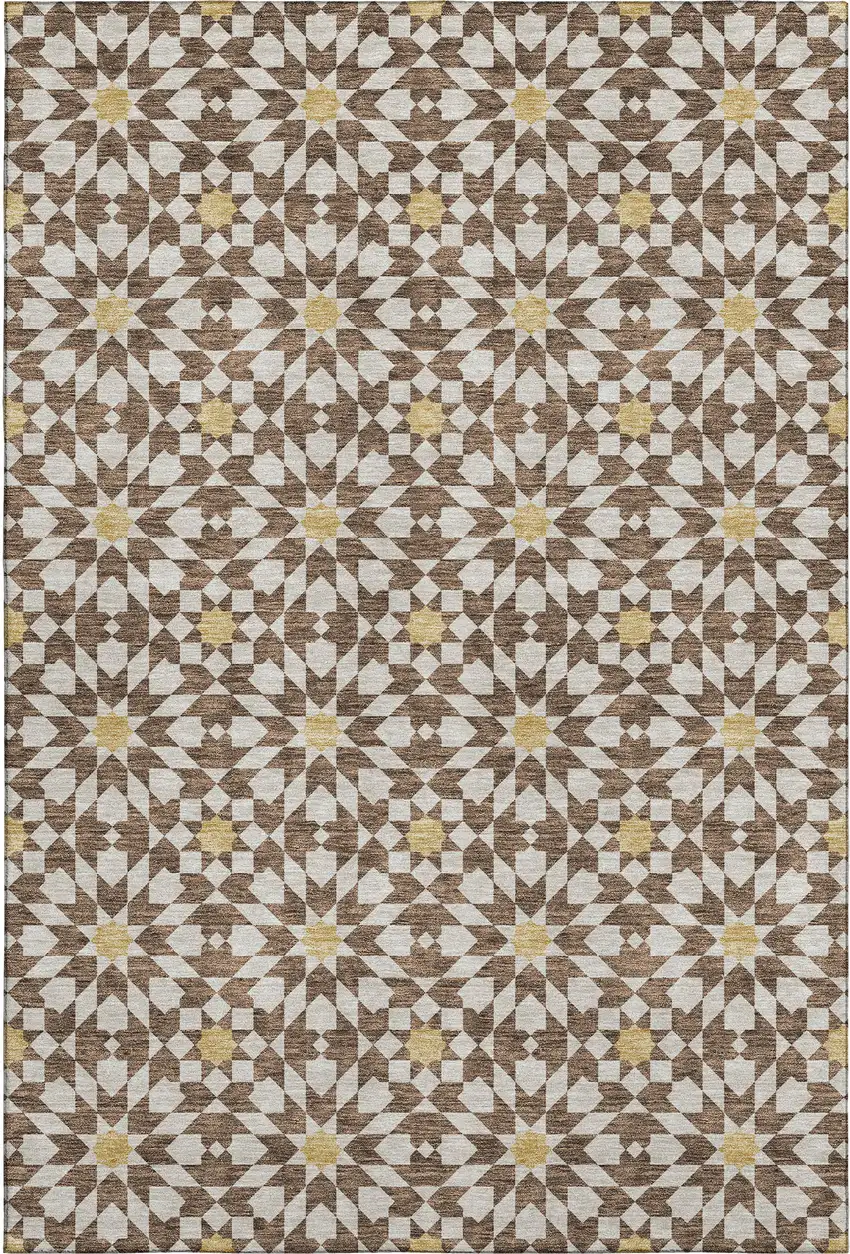 Chocolate Ivory And Gold Geometric Washable Area Rug With UV Protection Photo 1