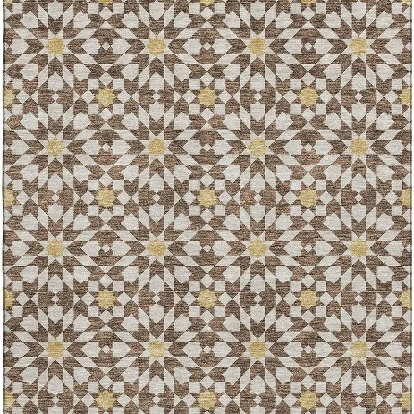 Chocolate Ivory And Gold Geometric Washable Area Rug With UV Protection Photo 4