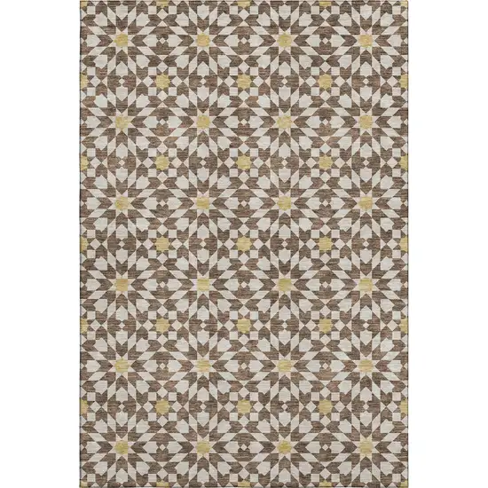 Chocolate Ivory And Gold Geometric Washable Area Rug With UV Protection Photo 1