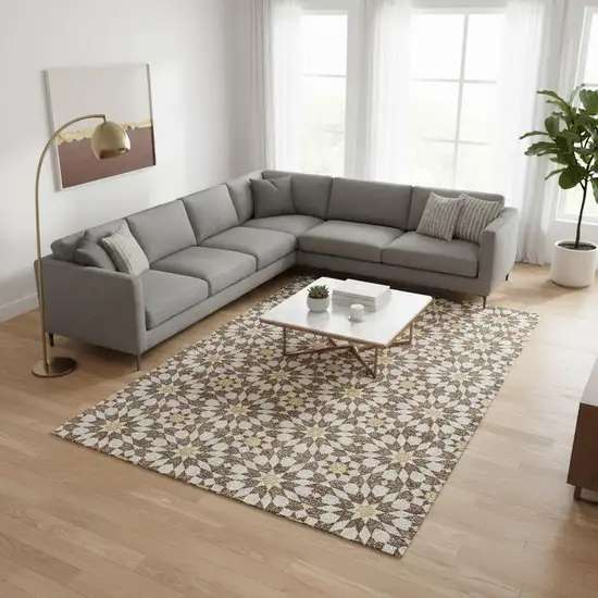 Chocolate Ivory And Gold Geometric Washable Area Rug With UV Protection Photo 2